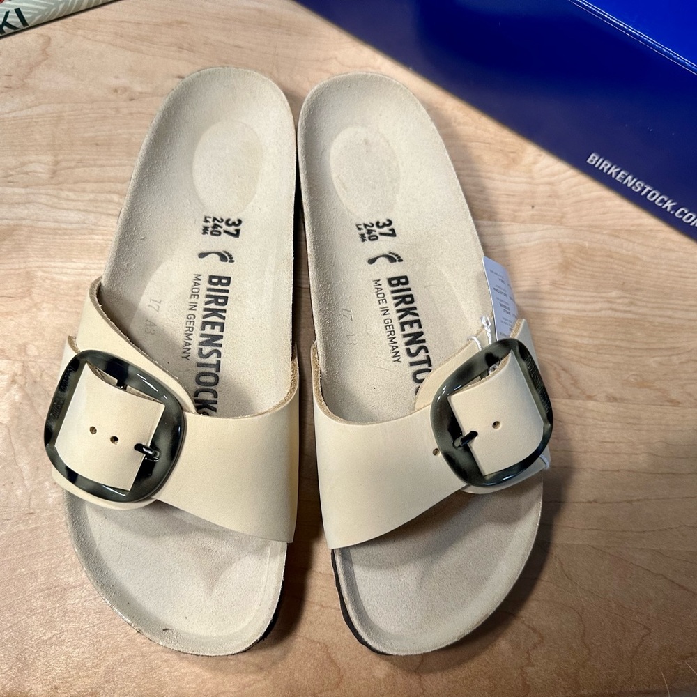 Birkenstock Madrid Big Buckle size 37 Almond with Tortoise buckle NIB